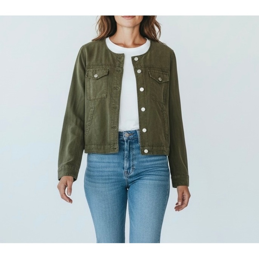 Sanctuary Olive Green Tencel Utility Jacket Collarless Snap Front XJ0270R02 L